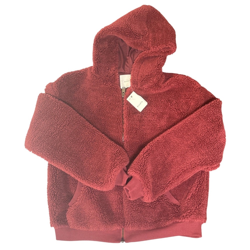 Elodie Burgundy Sherpa Zip Up Hoodie Teddy Jacket Wine Red Large NWT